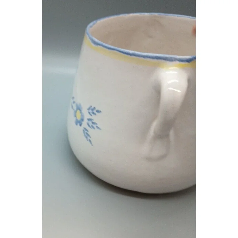 Vintage AMNION Clay Pottery Handpainted ALGARVE Blue Yellow CROCK w Two Handles